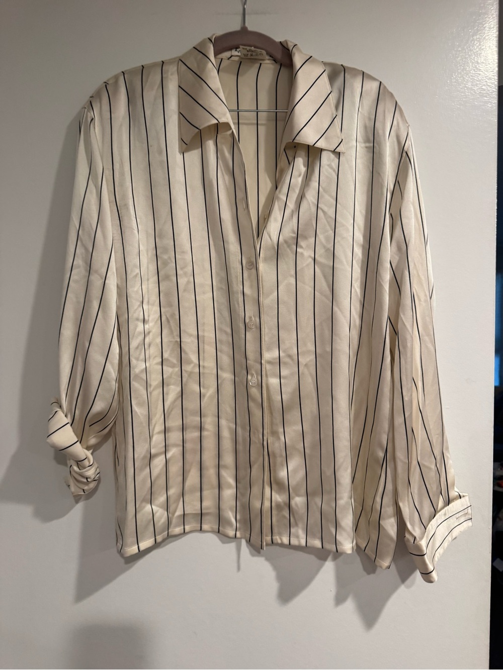 Vintage Escada 100% Silk Cream Black Striped Shirt Size 42 Designer